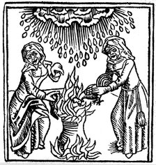Witches casting a spell to bring rain, 1489. Artist: Unknown