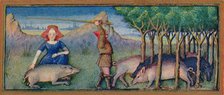 October - feeding pigs on acorns, 15th century, (1939). Creator: Robinet Testard.