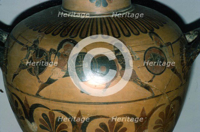 Hoplites Fighting, detail of a Greek pot, (Hydria), c530-510 BC Artist: Unknown.