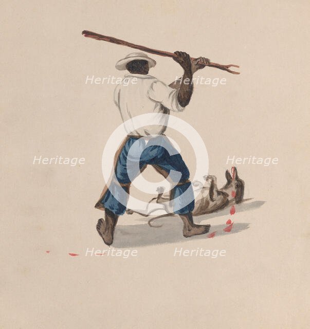 A man viewed from behind beating a dog with a stick, from a group of drawings depicting..., ca. 1848 Creator: Attributed to Francisco (Pancho) Fierro.