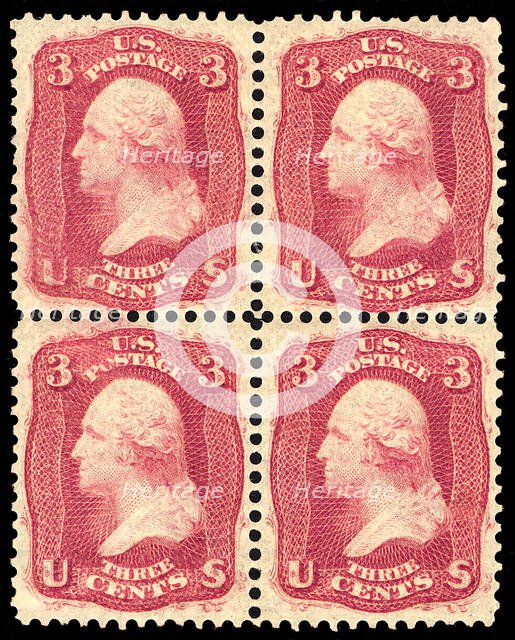 3c Washington "Premier Gravure" block of four, 1861. Creator: Unknown.