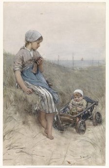 Fisher-girl with child in cart in the dunes, 1880. Creator: Bernardus Johannes Blommers.