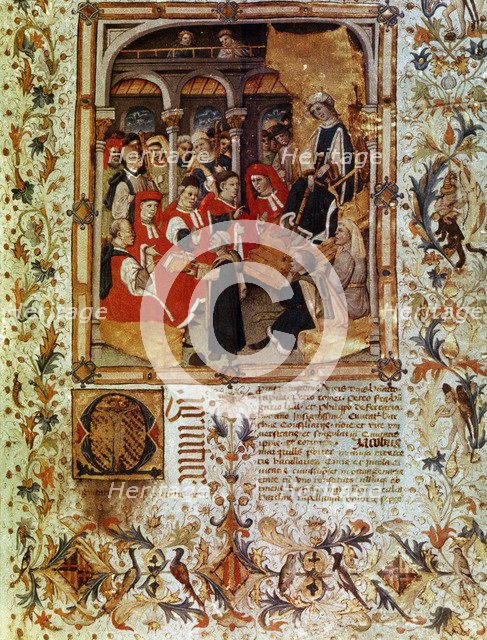 Jaume Marquilles delivers his book to the Consellers of Barcelona in the presence of King Alphons…