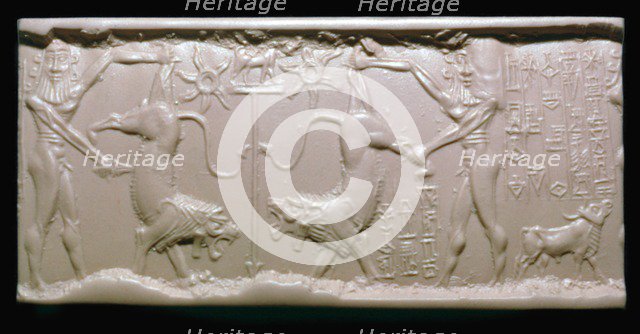 Akkadian cylinder-seal impression of a hero fighting a lion. Artist: Unknown