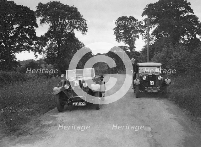 Talbot 18/55 4-seater and Kitty Brunell's Talbot 14/45 saloon at the JCC Inter-Centre Rally, 1932. Artist: Bill Brunell.