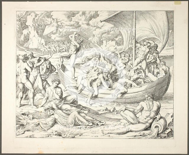 Charon's Bark with Souls Crossing the Styx, plate two from Darstellungen aus Dante's..., 1808-09. Creator: Joseph Anton Koch.