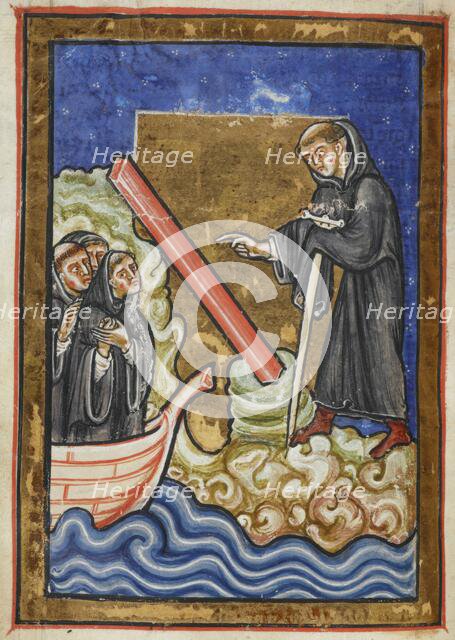 Cuthbert discovers the piece of timber washed up with the tide...last quarter 12th century. Creator: Anon.