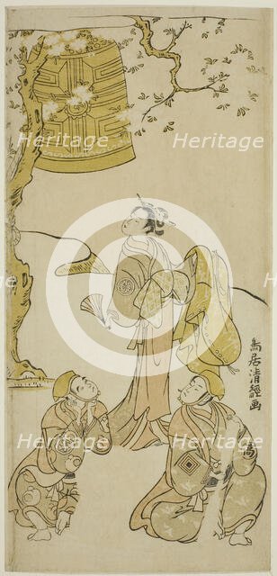 The Actors Segawa Kikunojo II, Ichikawa Komazo II, and Arashi Otohachi I in the play "Fude..., 1768. Creator: Torii Kiyotsune.