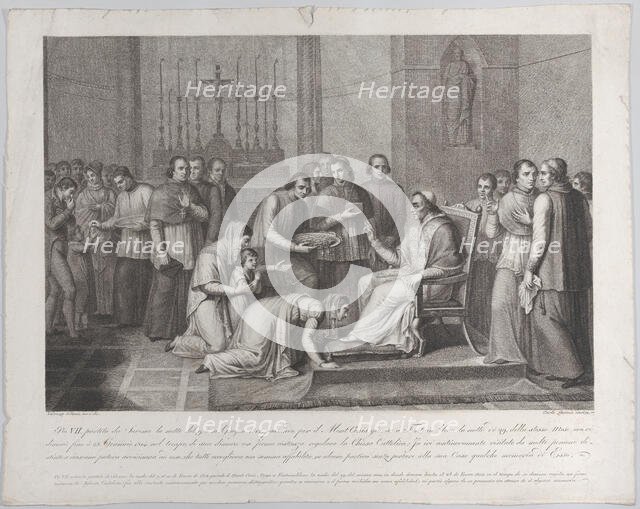 A woman kneels to kiss the foot of Pope Pius VII, with a crowd behind her at left, 1814-50. Creators: Carlo Lasinio, Vincenzo de Bonis.