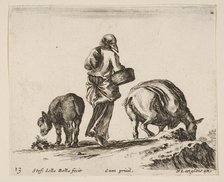 Plate 13: a peasant woman, seen from the back, holding a basket in center, a donkey..., ca. 1644-47. Creator: Stefano della Bella.