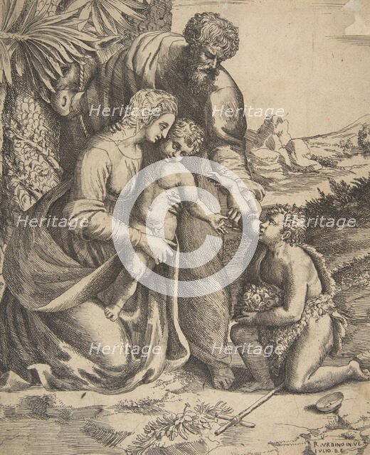 Holy Family with Saint John the Baptist who kneels at the right, 1531-76. Creator: Giulio Bonasone.
