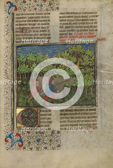 Archers behind a Mock Cow Approaching Deer; The Book of the Hunt, about 1430-1440. Creator: Unknown.