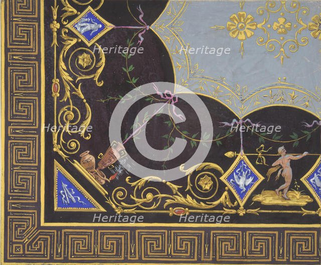 Design for wallpaper with Roman key border, rinceaux, and medallions, 1830-97. Creators: Jules-Edmond-Charles Lachaise, Eugène-Pierre Gourdet.