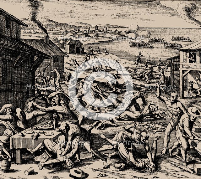 Powhatan attack on 22 March 1622, 1628. Creator: Merian, Matthäus, the Elder (1593-1650).
