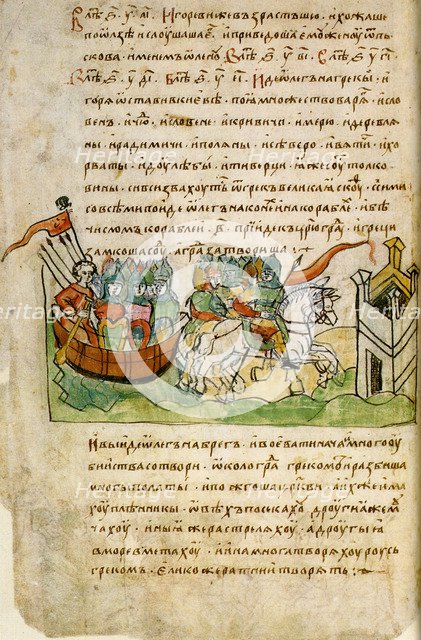 Oleg of Novgorod's campaign against Constantinople (from the Radziwill Chronicle), 15th century. Artist: Anonymous  