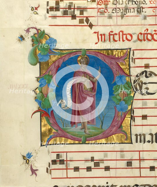 Decorated initial D: Saint John the Baptist, about 1470-1480.  Creator: Cosmè Tura.