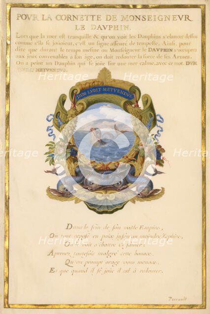 Escutcheon with a Sea Monster; Nine Emblems for Louis XIV, about 1663-1668. Creator: Jacques Bailly.