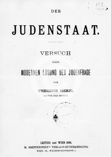 'Judenstaat' ('The Jewish State') by Theodore Herzl, published 1896. Artist: Theodor Herzl