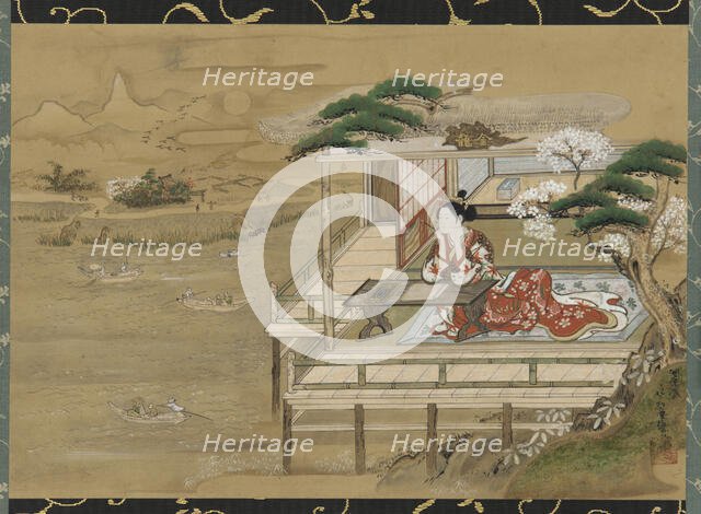 Murasaki Shikibu composing the Tale of Genji at Ishiyamadera, Edo period, 19th century. Creator: Gakutei.