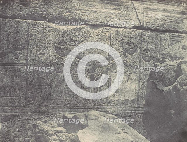 Thebes. Palais de Karnak. Sculptures extérieures du Sanctuaire de granit, 1850. Creator: Maxime du Camp.