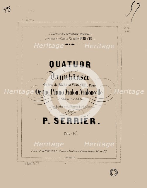 Quatuor sur Tannhäuser de Richard Wagner pour orgue, piano, violon, violoncelle et choeur, 1857.
