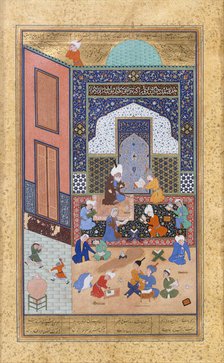 Laila and Majnun in School, Folio 129 from a Khamsa (Quintet) of Nizami, A.H. 931/A.D. 1524-25. Creators: Sultan Muhammad Nur, Mahmud Muzahhib, Shaikh Zada.