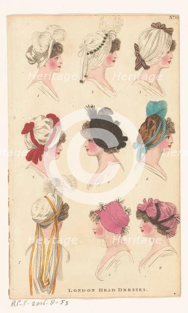 Magazine of Female Fashions of London and Paris, No. 33: London Head Dresses., 1798-1806. Creator: Unknown.