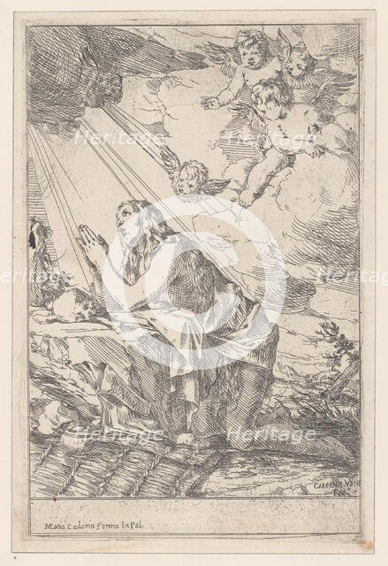 The Penitent Saint Mary Magdalene, kneeling before a skull and bones, 1640-60. Creator: Giulio Carpioni.