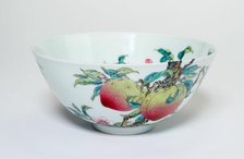 Bowl with Fruiting Peaches, Tree Peony, Flowering Plum and Bats, Qing dynasty, (1723-1735) Creator: Unknown.