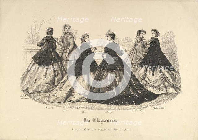Six Women Outdoors, No. 676, from La Elegancia, 1865-66. Creator: Heloise Leloir.