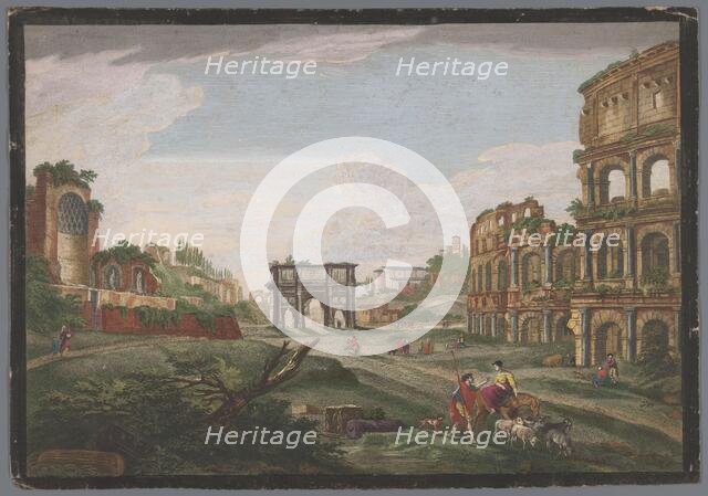 View of the ruins of the Arch of Constantine and the Colosseum in Rome, 1759. Creator: Jean Daullé.
