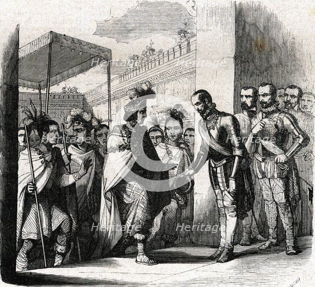 Visit of Emperor Moctezuma to Hernán Cortes. Engraving, 1862.