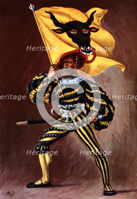 Flag bearer from the canton of Uri, c. 1510. Color engraving from 1943, published by Editions Fra…