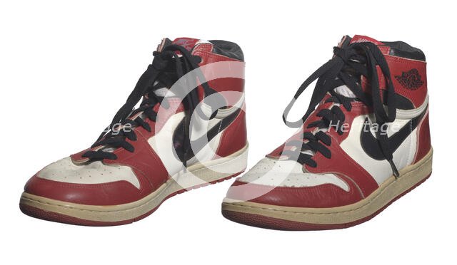 Pair of Air Jordan I shoes game-worn and autographed by Michael Jordan, 1984-1985. Creator: Nike.