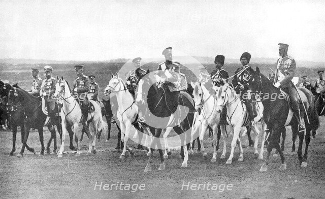 Nicholas II and supporting officers on horseback, c1900. Artist: Unknown