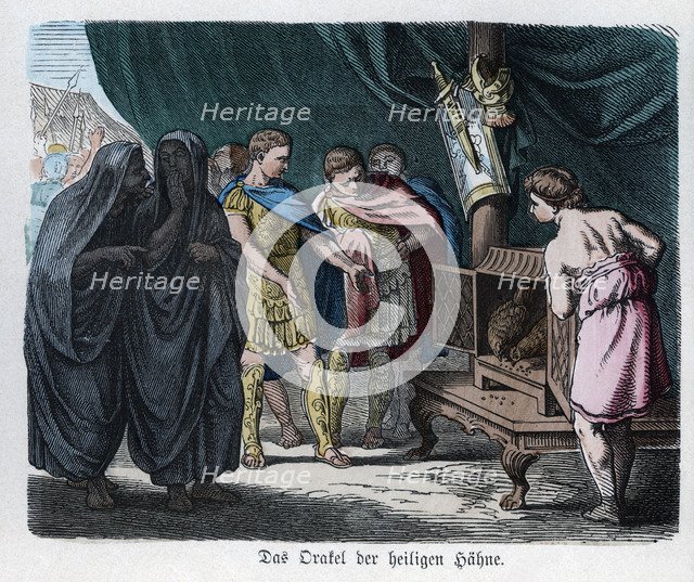 Ancient History. Rome. Oracle of the sacred cocks. German engraving, 1865.