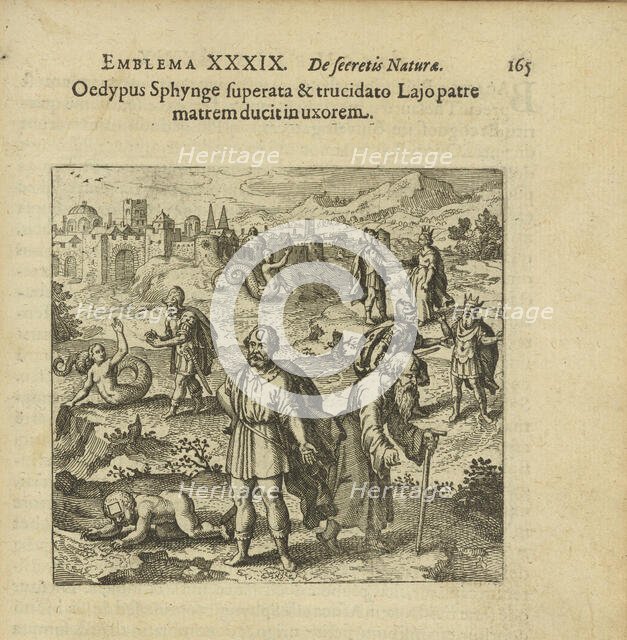 Emblem 39. Oedipus, after defeating the Sphynx and killing his father, takes his mother..., 1816. Creator: Merian, Matthäus, the Elder (1593-1650).