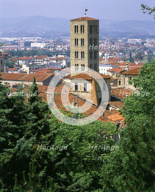 View of the tower of Santa Maria Campanile, Arezzo, Tuscany, Italy.