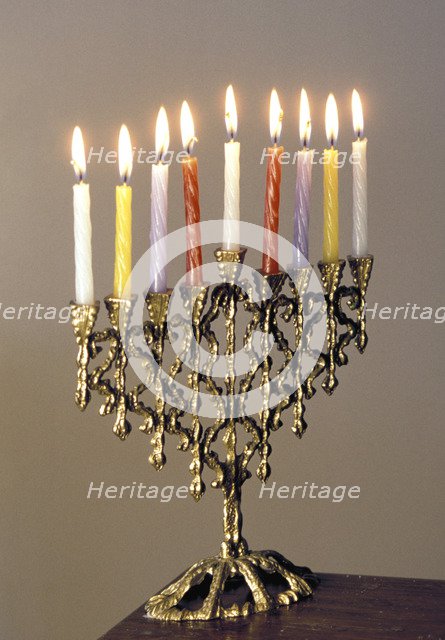 9-branched candelabra used in Judaism at Hannukah. Artist: Unknown