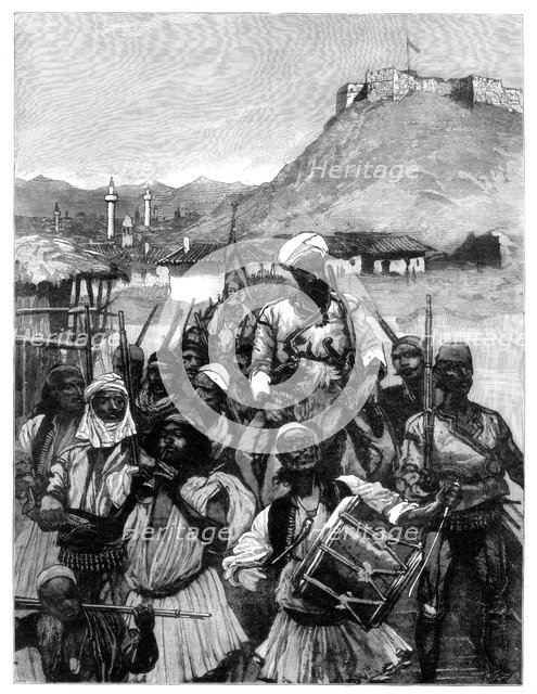 Albanians from Scutari cross the Boyana to occupy Dulcigno, 1880.Artist: Richard Caton Woodville II