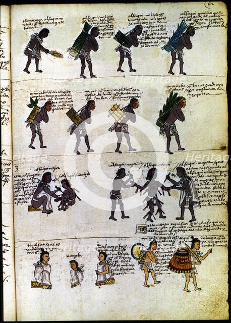 Codex Mendoza (1535 - 1550), hieroglyph representing the educational methods of the Aztecs... Creator: Unknown.
