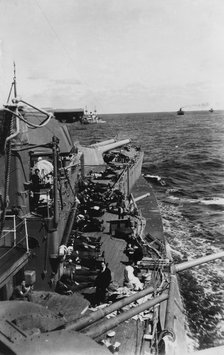Sailors sleeping on the upper deck of the British battleship HMS 'Malaya', c1940-c1941. Artist: Unknown