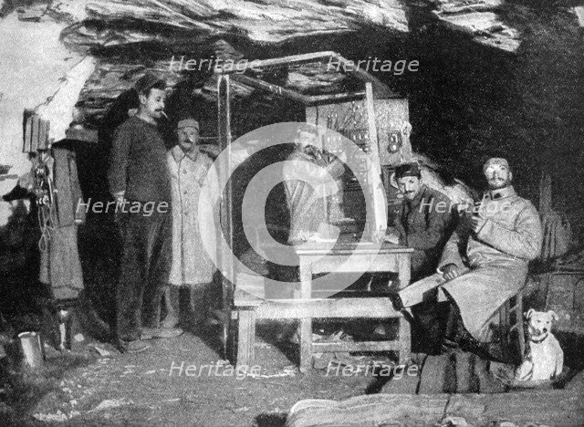 A French telephone post in a cave, France, World War I, 1915. Artist: Unknown