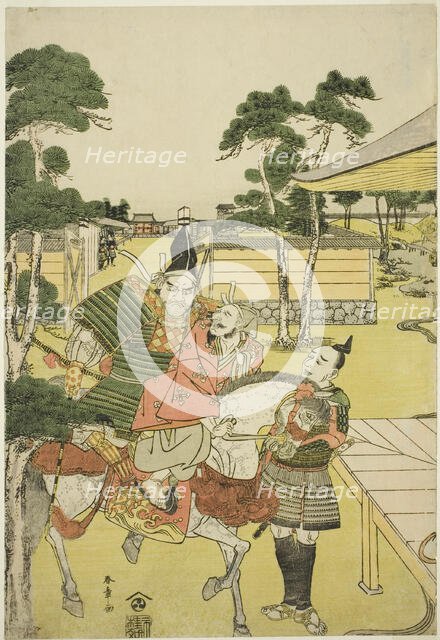 Musashibo Benkei Brings the Captured Tosabo Shoshun to Yoshitsune in the Play Horikawa...c. 1782. Creator: Shunsho.