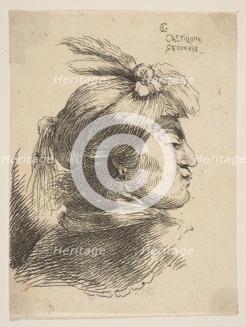 Man wearing a small turban Oonamented with plumes and ribbon, facing right, from ..., ca. 1645-1650. Creator: Giovanni Benedetto Castiglione.