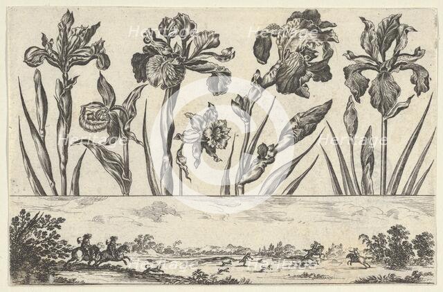 Horizontal Panel with a Row of Flowers Above a Frieze with a Hunting Scene in a Landscape,..., 1645. Creator: Nicolas Cochin.