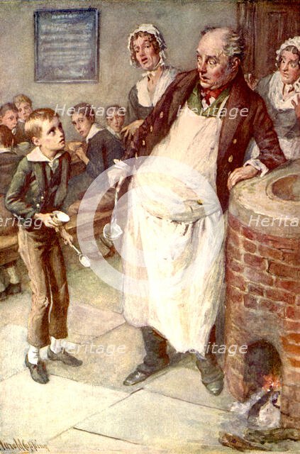 'Oliver Twist Asks For More', c1900.  Creator: Harold Copping.