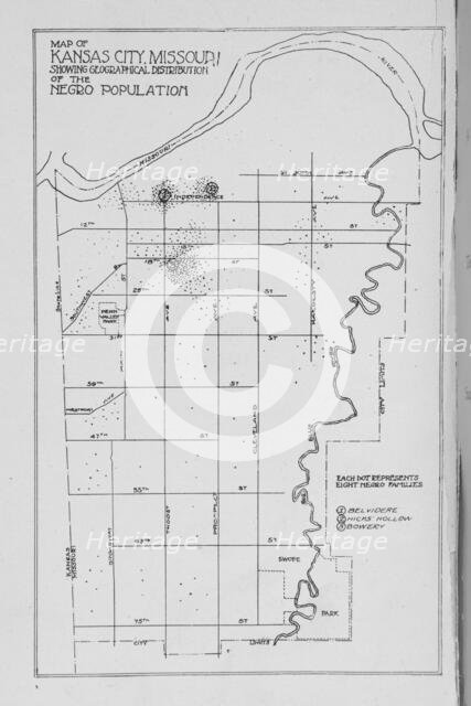 Map of Kansas City, Missouri; Showing geographical distribution on Negro Population, 1913. Creator: Unknown.