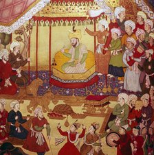 Timur enthroned during celebrations, Mughal manuscript, 1600-1601. Artist: Unknown.