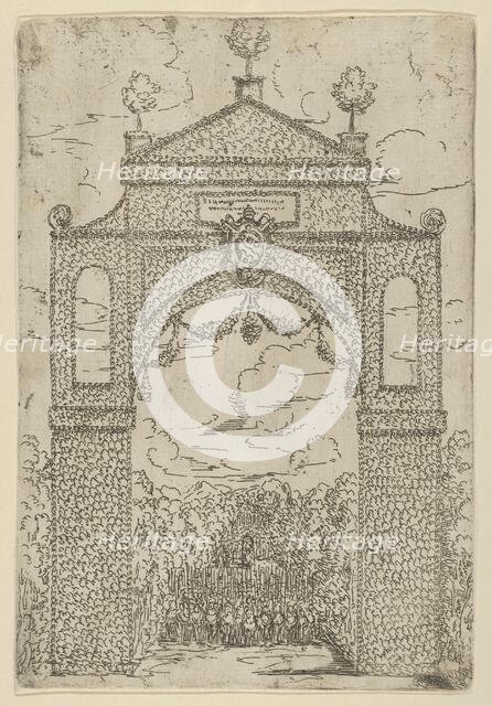 Triumphal arch covered in foliage with mounted troops below, a temporary decoration for th..., 1599. Creator: Guido Reni.